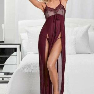 New Venus Red Lace Detail Gown Burgundy Lingerie